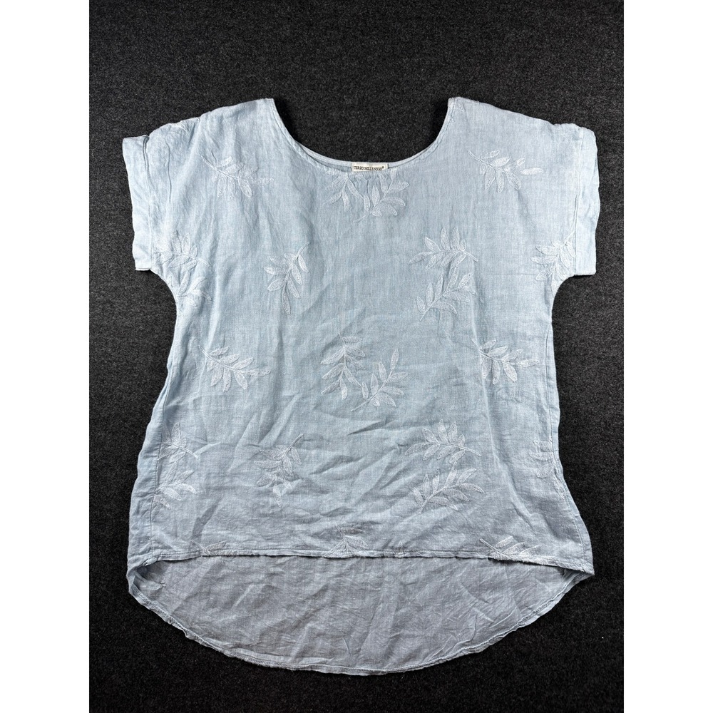 Terzo Millennio Italy Blue Linen Embroidered Leaf Top L Short Sleeve Blouse